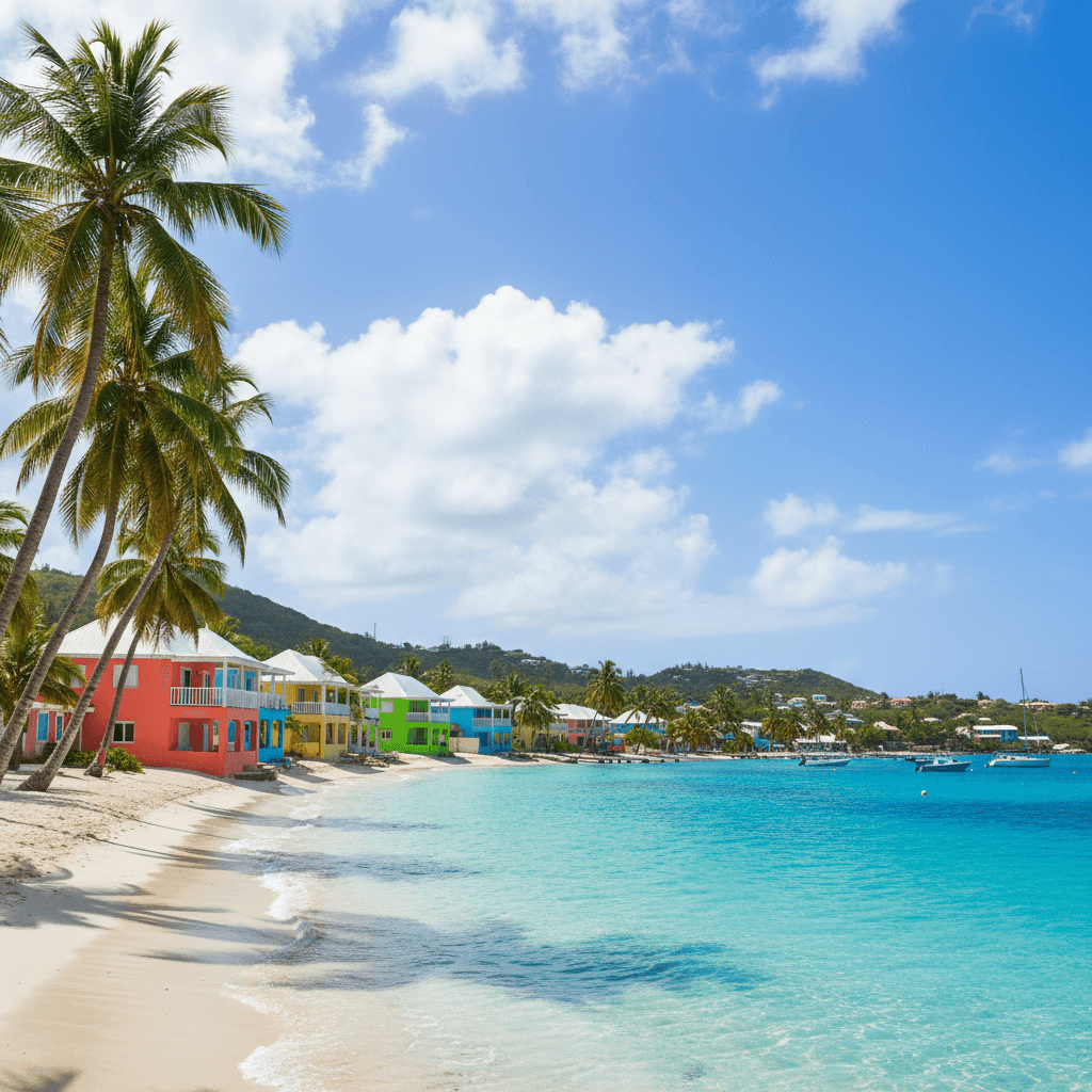 Barbados travel destination feature image showing turquoise Caribbean beaches, palm trees, and vibrant local houses under sunny skies, ideal for visa and tourism inspiration