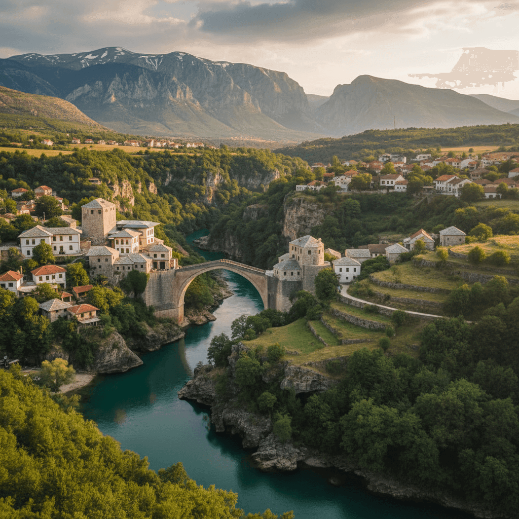 Bosnia and Herzegovina travel destination photo featuring medieval stone bridges, scenic rivers, mountains, and traditional Bosnian architecture, perfect for tourism and visa pages.