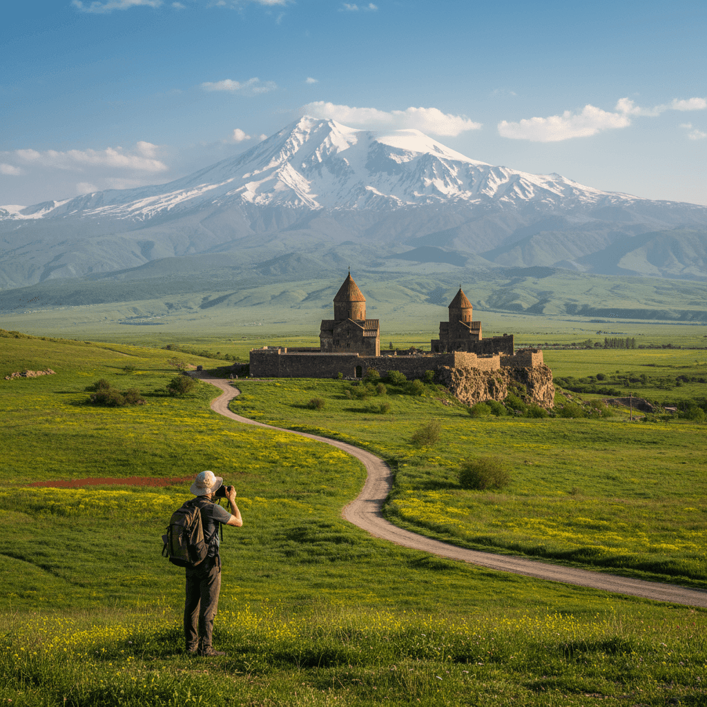Armenia landscape with Mount Ararat, ancient monastery, and green fields under bright daylight – ideal for Armenia visa services, travel, and tourism.