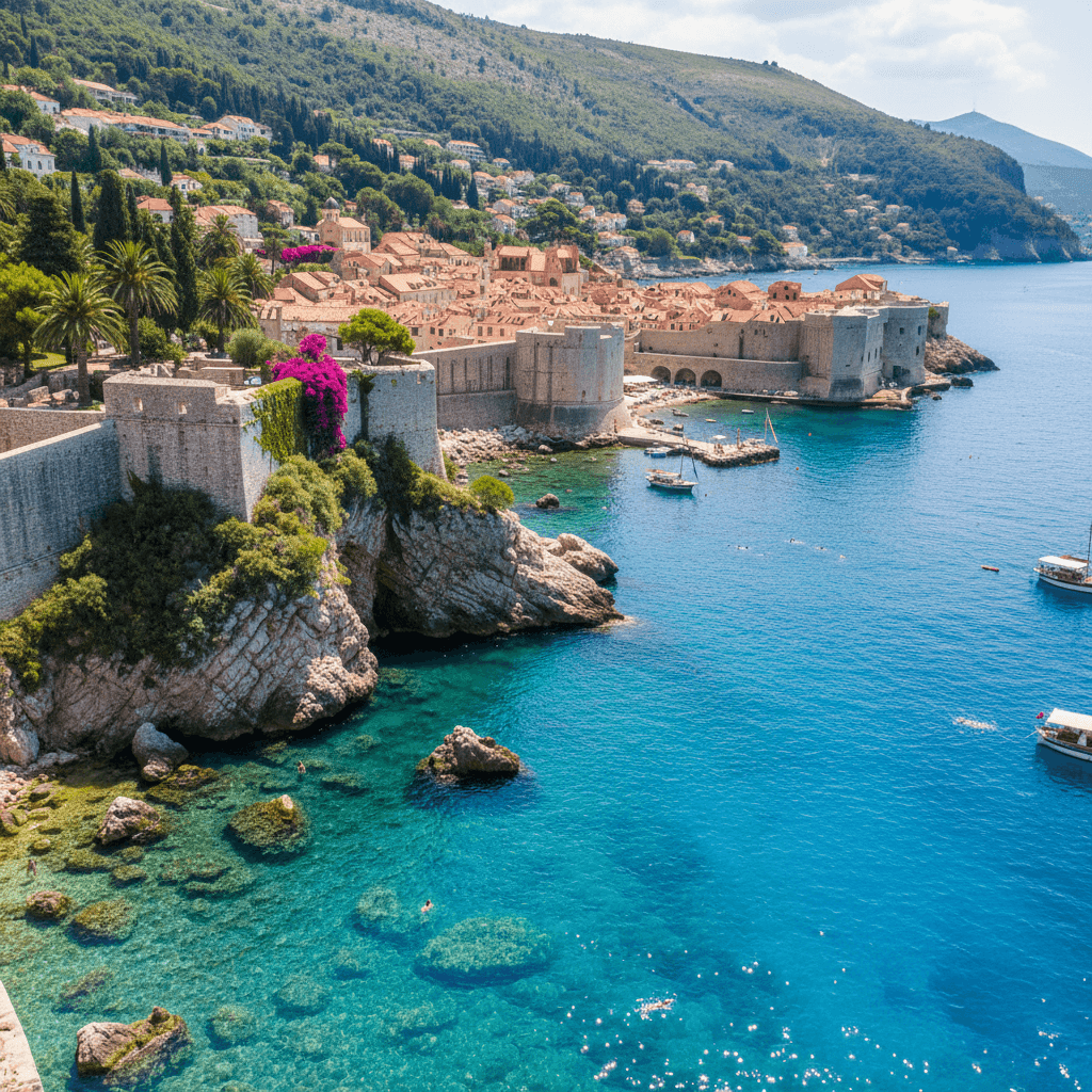 Stunning Croatia Mediterranean coastline, historic city walls, clear blue sea, lush landscape for visa travel services