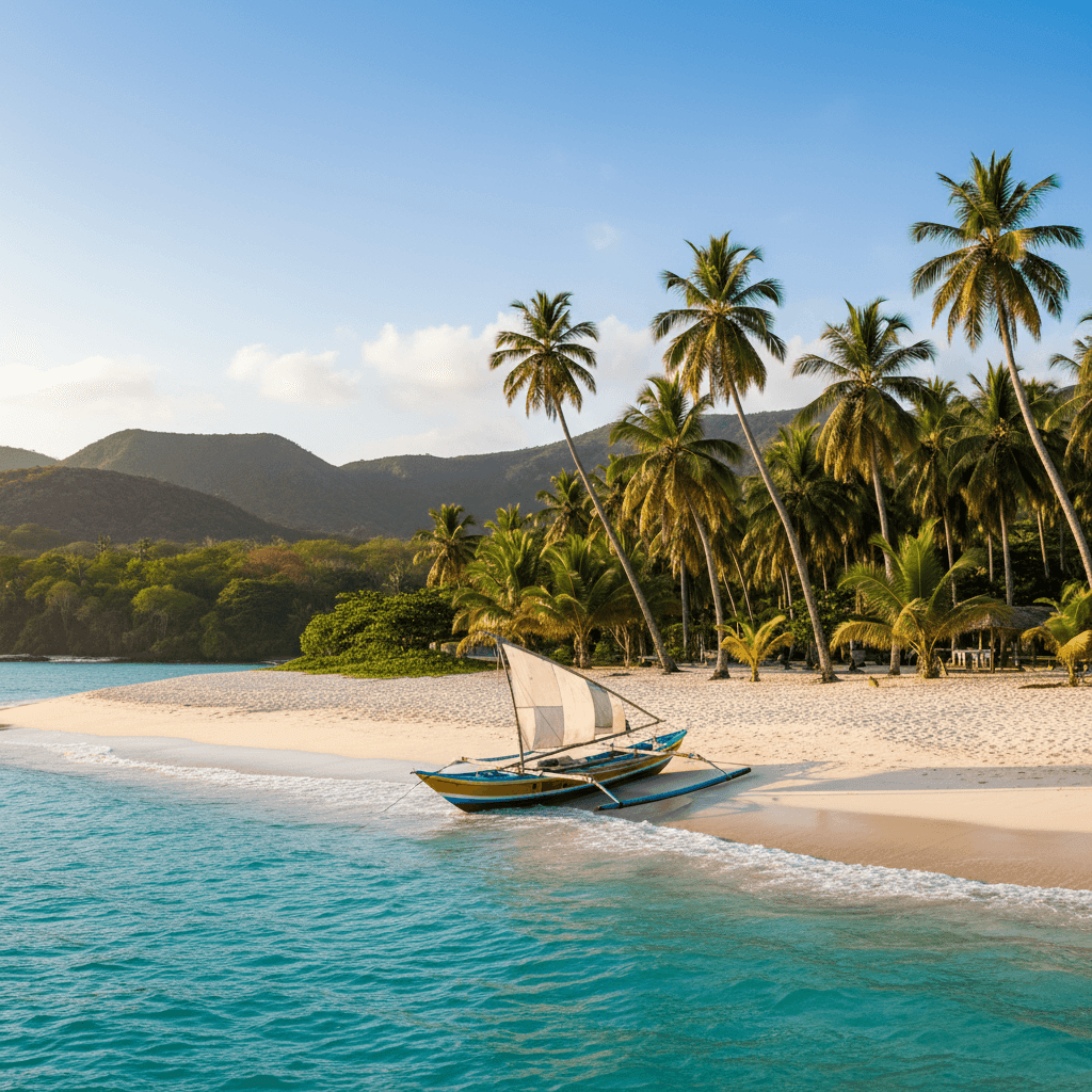 A stunning tropical beach on Comoros Island with clear turquoise waters, soft white sand, and tall palm trees. A traditional fishing boat rests on the beach, while green volcanic hills rise in the background under a sunny blue sky.