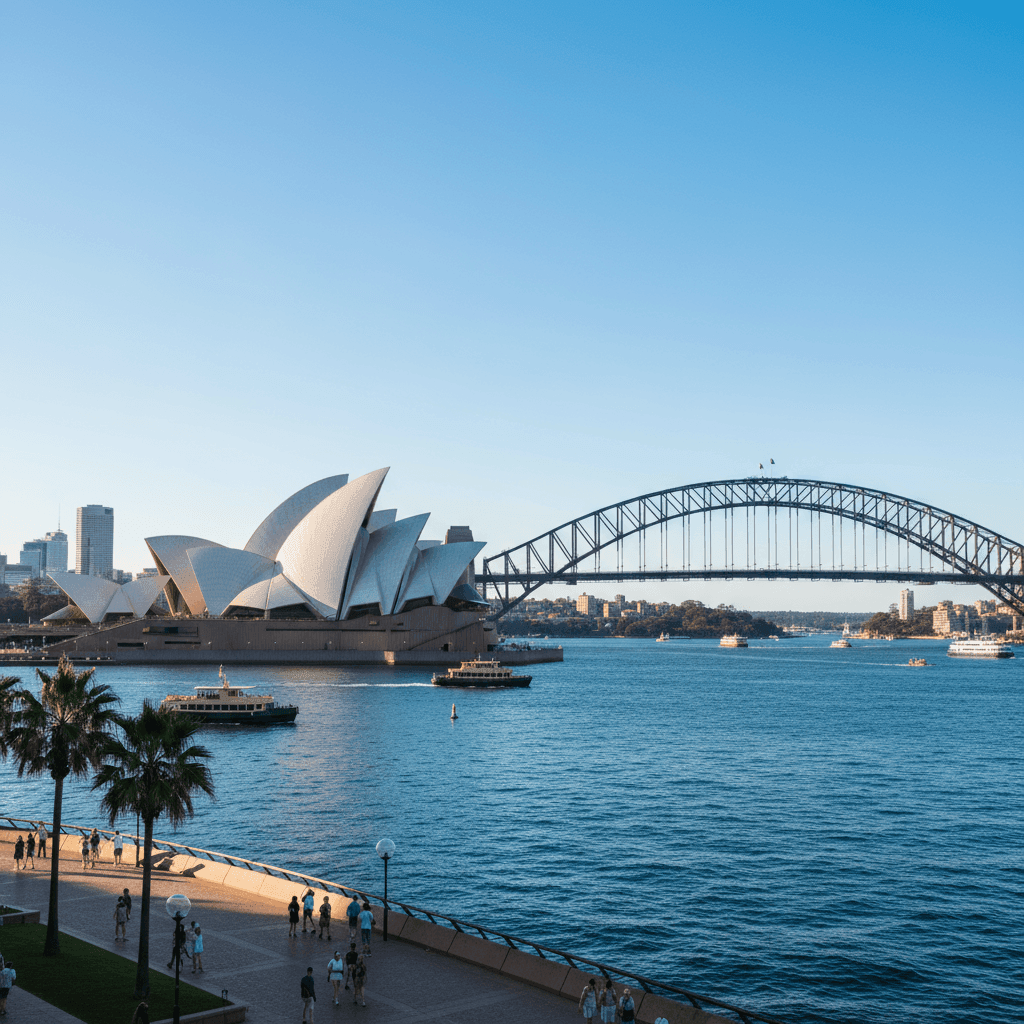 Australia Sydney Opera House with Harbour Bridge, blue water, and city skyline on a sunny day – perfect for Australia visa services, travel, and tourism.