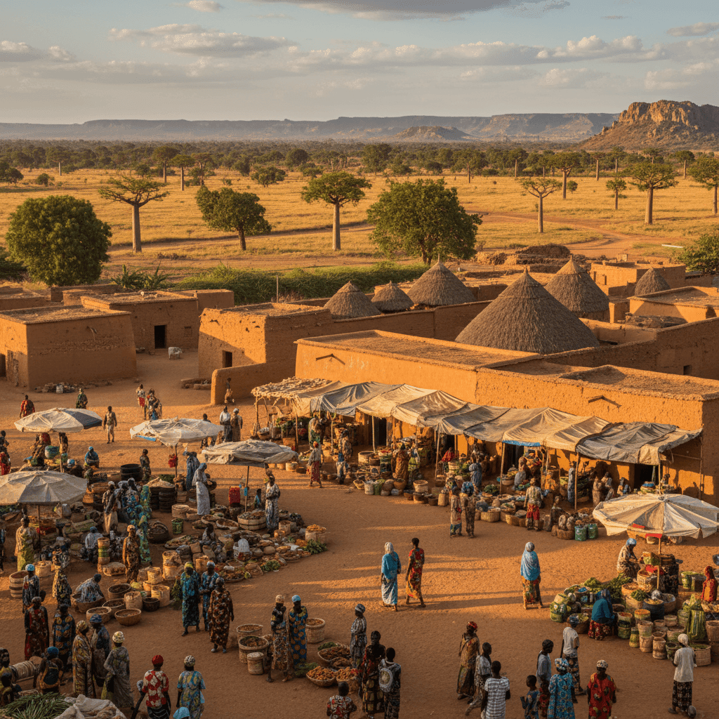 Burkina Faso travel destination photo featuring traditional mud-brick architecture, vibrant West African markets, scenic landscapes, and local village life, ideal for tourism and visa pages.