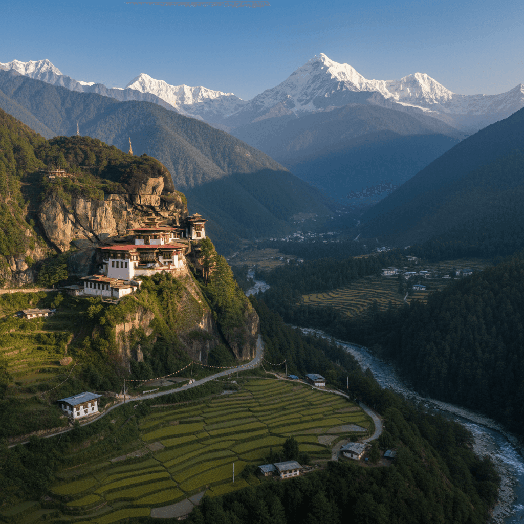 Bhutan travel destination photo featuring Himalayan mountains, lush valleys, traditional architecture, and iconic monasteries, ideal for tourism and visa pages.
