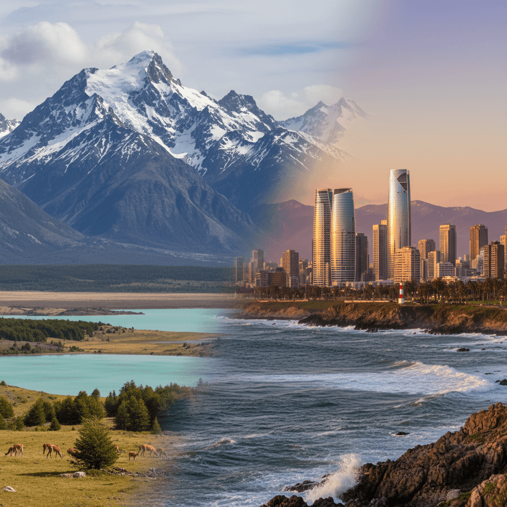Chile travel destination feature image showing the snow-capped Andes mountains, dramatic Patagonian landscapes, breathtaking Pacific coastline, and the vibrant Santiago city skyline—ideal for promoting nature, adventure, and urban tourism in Chile.