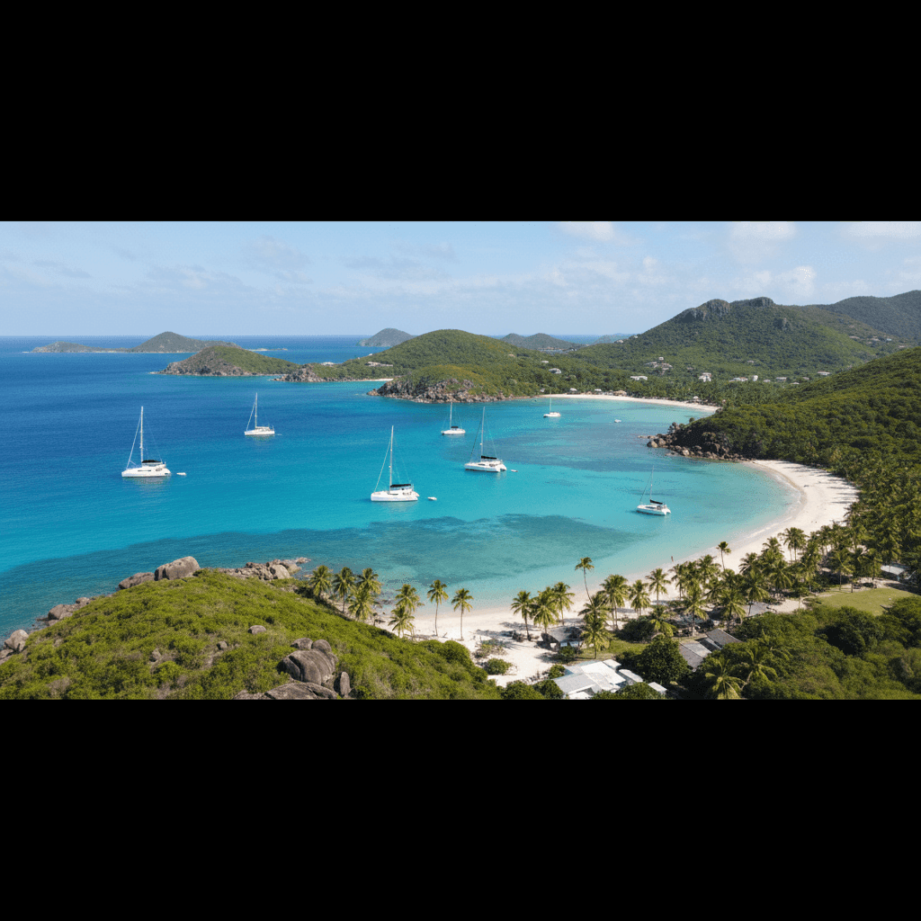 British Virgin Islands travel destination photo featuring turquoise Caribbean sea, white sand beaches, lush green hills, and sailing boats, ideal for tourism and visa pages.