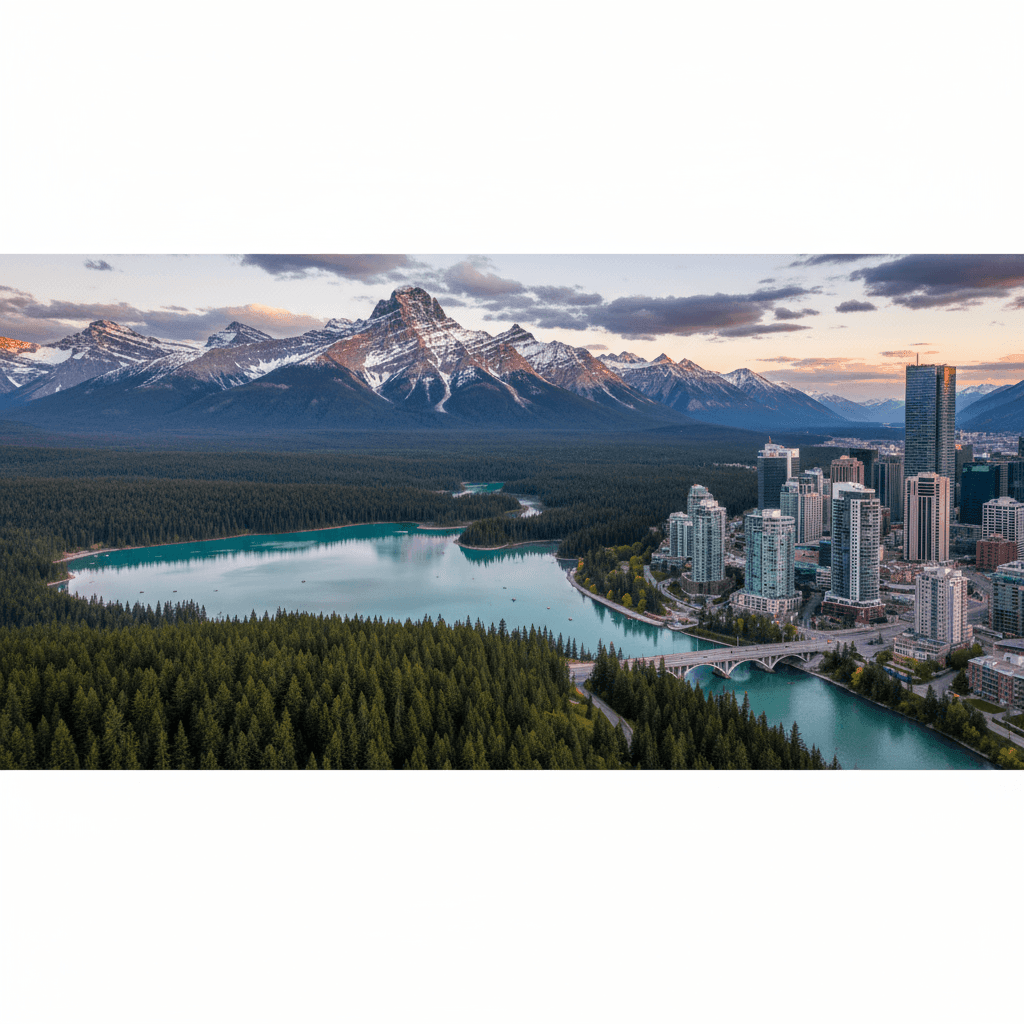 Canada travel destination feature image showing majestic snow-capped mountains, crystal-clear lakes, dense forests, and a modern city skyline—ideal for promoting Canada tourism, nature, and urban travel experiences.