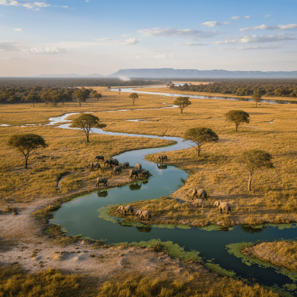 Botswana travel destination photo featuring African savannah, elephants, Okavango Delta wetlands, and natural landscapes, perfect for tourism and visa pages