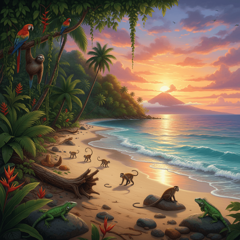 Scenic Costa Rica beach, lush rainforest, and volcano landscape promoting visa services travel