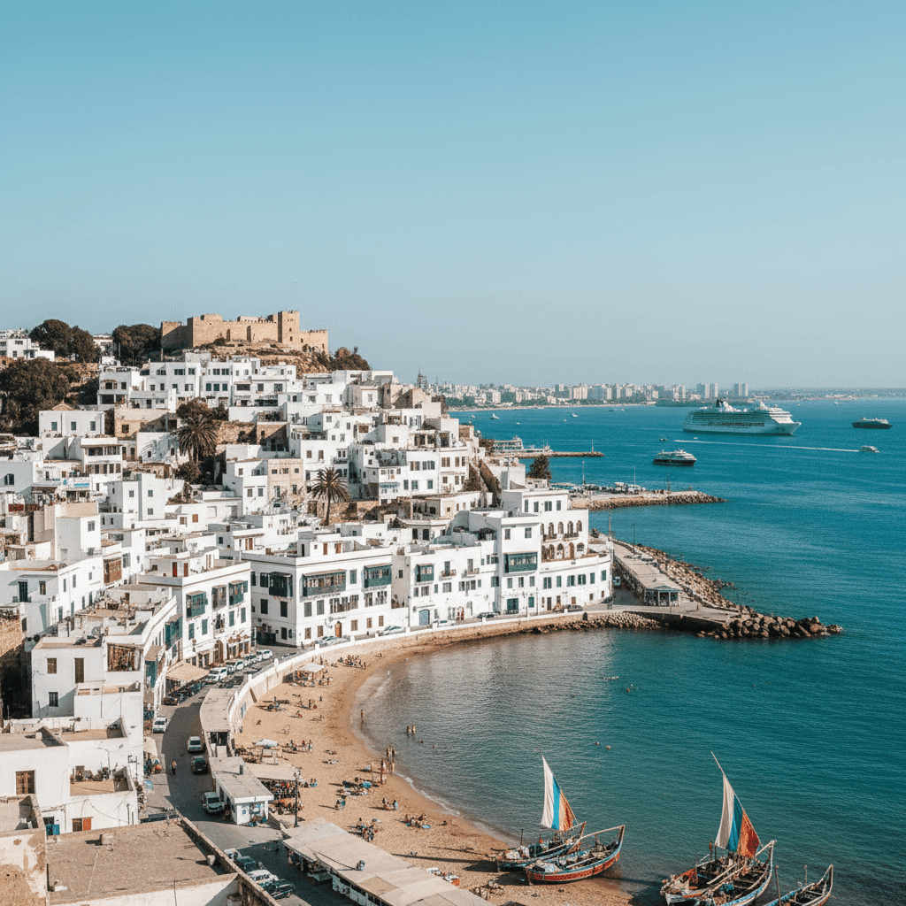 Algiers coastline with blue Mediterranean sea and historic white cityscape, ideal for Algeria visa services, tourism, and travel information.