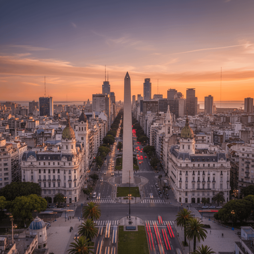 Buenos Aires city skyline at sunset with Obelisk and historic buildings – ideal for Argentina visa services, travel, and tourism.