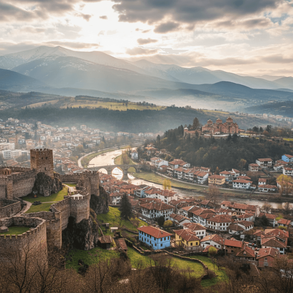 Bulgaria travel destination photo featuring ancient castles, colorful towns, scenic mountains, and historic churches, ideal for tourism and visa pages.