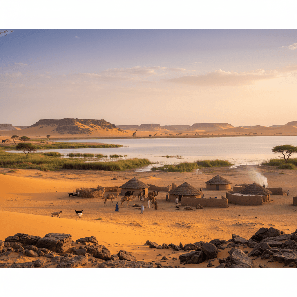 Chad travel destination feature image showing a vast desert landscape, scenic Lake Chad, traditional African huts, and Sahel wildlife—perfect for highlighting adventure, nature, and cultural tourism in Chad.