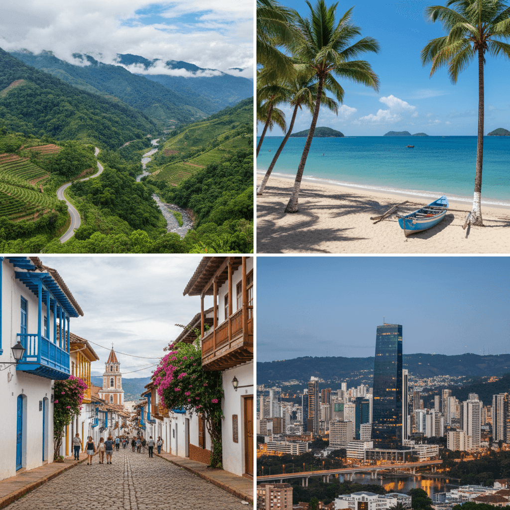 A collage of four scenic images showcasing Colombia's natural and urban diversity. The top left shows lush green mountains with winding rivers and terraced fields under a cloudy sky. The top right features a tranquil, tropical beach with turquoise ocean water, palm trees, and a blue rowboat on the sand. The bottom left displays a charming colonial street lined with colorful houses, blooming flowers, and people walking along cobblestones, with a church tower in the background. The bottom right presents a modern city skyline at dusk, highlighting tall skyscrapers and dense urban buildings surrounded by rolling hills.