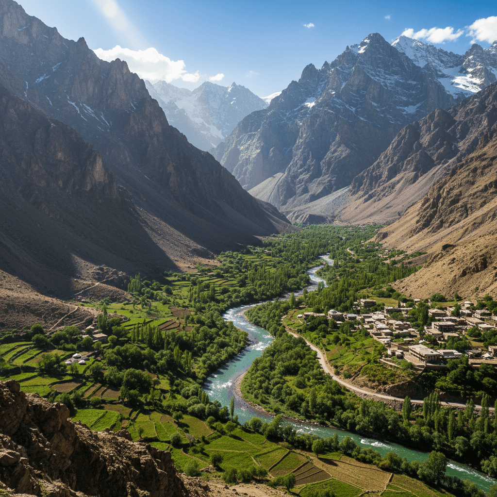Afghanistan valley landscape with tall rugged mountains, lush green river, and bright sunlight – ideal for Afghanistan visa services, travel inspiration, and tourism information.