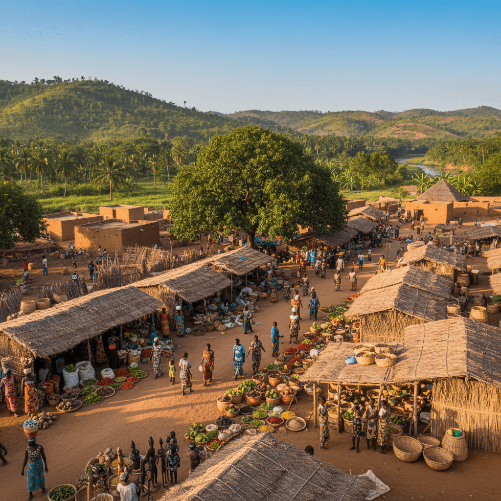 Benin travel destination photo featuring African village, bustling local market, and natural scenery, perfect for tourism and visa application pages.
