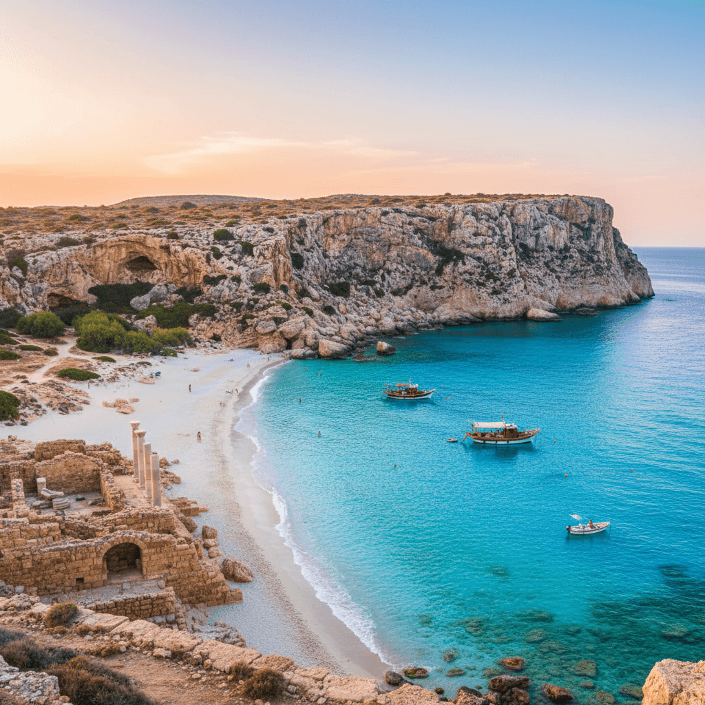 Cyprus Mediterranean island featuring stunning beaches, ancient ruins, Troodos mountains, picturesque villages, crystal clear waters – ideal for Cyprus visa services, tourism and travel inspiration