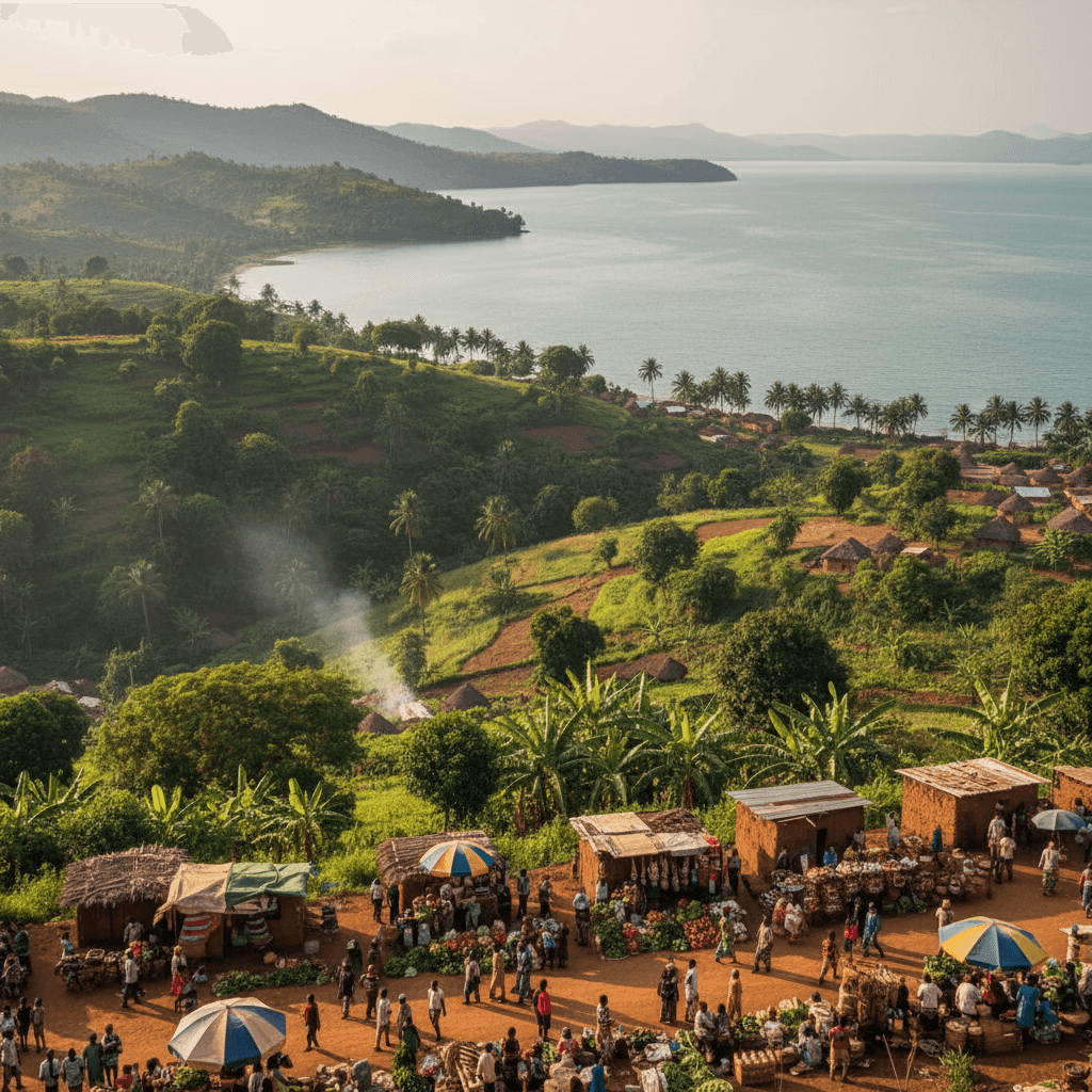 Burundi travel destination photo featuring lush green hills, Lake Tanganyika shoreline, traditional rural villages, and local markets, ideal for tourism and visa pages.