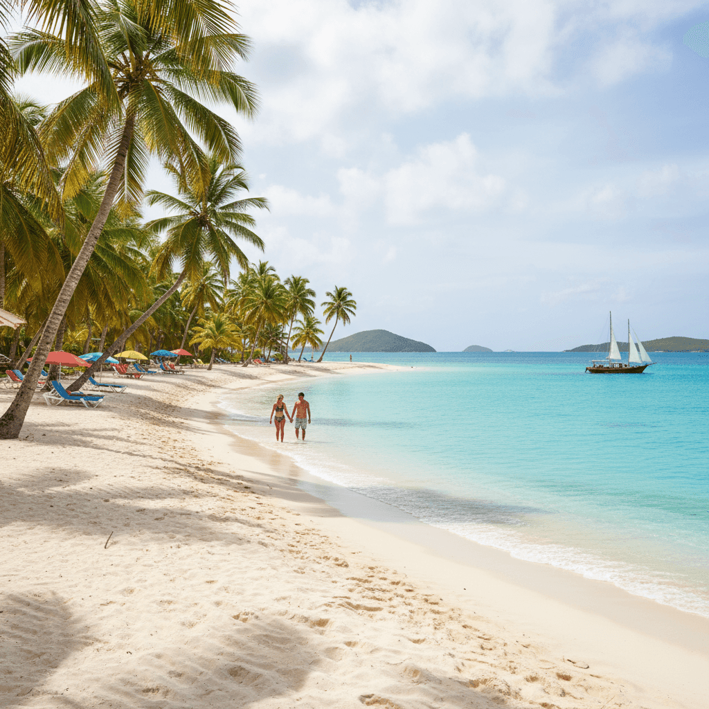 Antigua and Barbuda tropical beach with turquoise water, white sand, and palm trees – ideal for Antigua visa services, travel, and tourism.