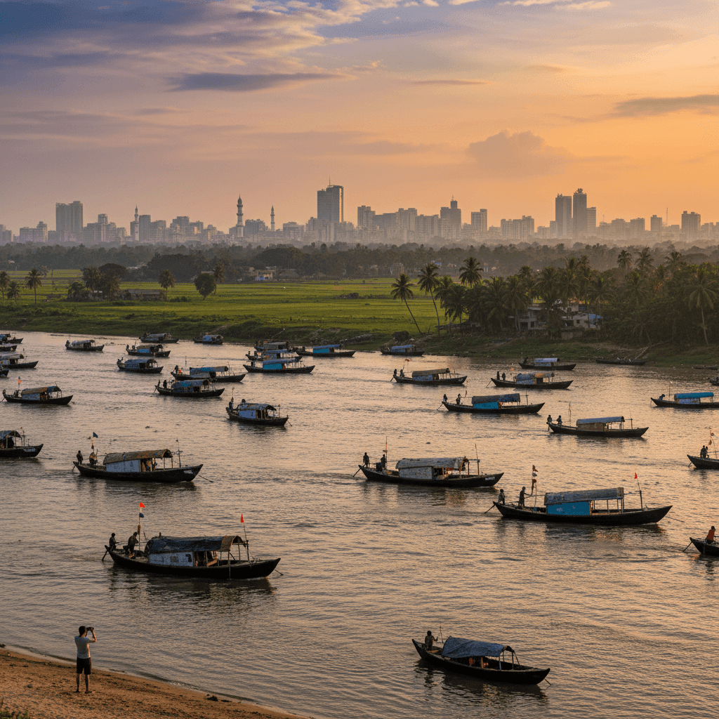 Bangladesh river with boats, green countryside, and city skyline in background – ideal for Bangladesh visa services, travel, and tourism.