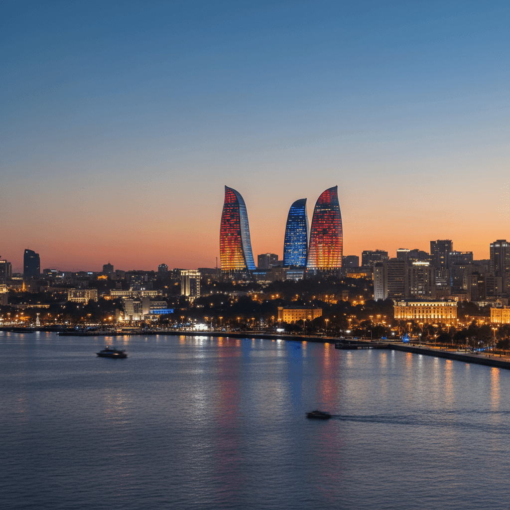 Azerbaijan Baku skyline with Flame Towers, Caspian Sea, and modern cityscape – ideal for Azerbaijan visa services, travel, and tourism.