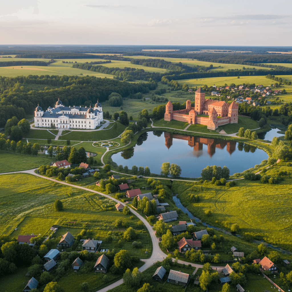 Belarus travel destination feature image displaying lush green landscapes, historic castles, and charming villages, perfect for tourism and visa content.