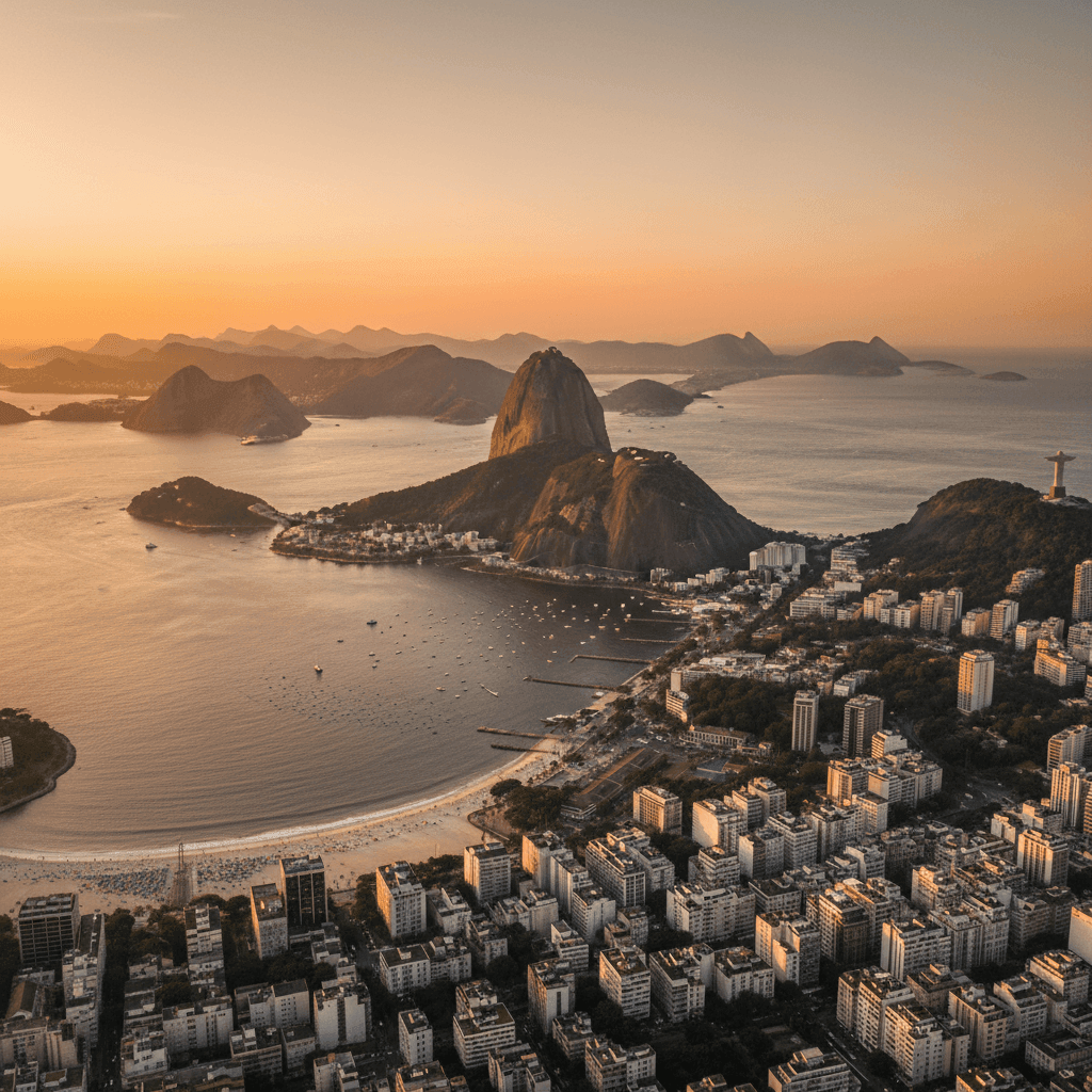 Brazil travel destination photo featuring Rio de Janeiro skyline, Sugarloaf Mountain, Copacabana beach, Christ the Redeemer statue, and lush rainforest, perfect for tourism and visa pages.