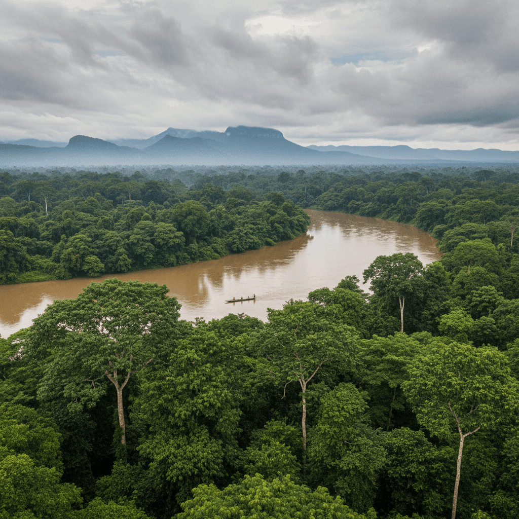 A vast Congo rainforest scene with dense green trees stretching to the horizon, a wide river flowing through the landscape, distant misty mountains, and a small traditional boat gliding on the water beneath a cloudy sky.