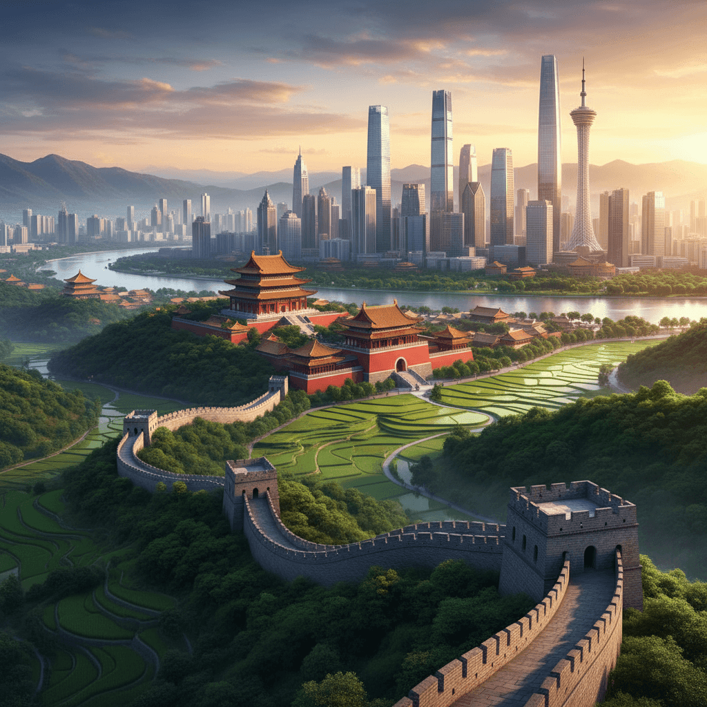 China travel destination feature image with the Great Wall, a modern city skyline, lush green countryside, and iconic ancient Chinese temples—ideal for promoting China tourism, history, culture, visa services and travel inspiration.
