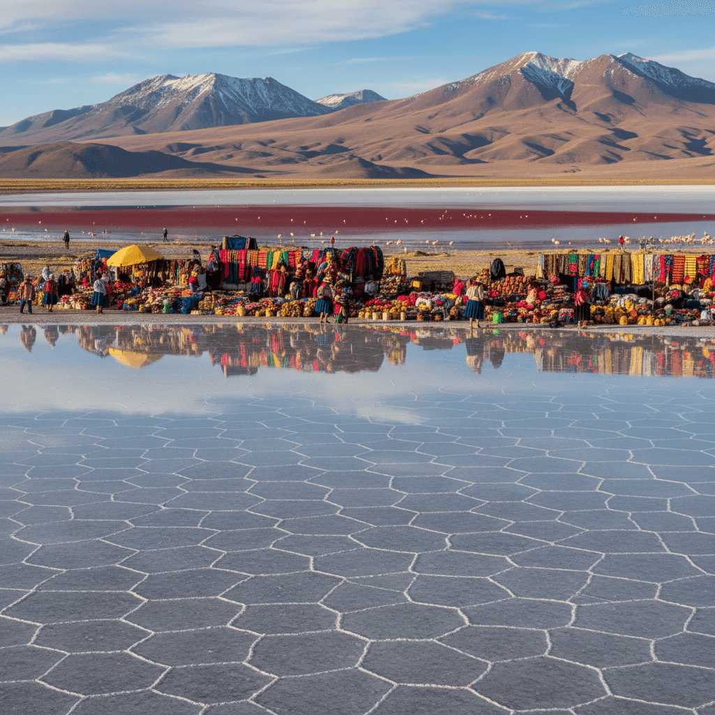 Bolivia travel destination photo featuring Uyuni salt flats, Andean mountains, colorful local markets, and scenic lakes, perfect for tourism and visa pages.