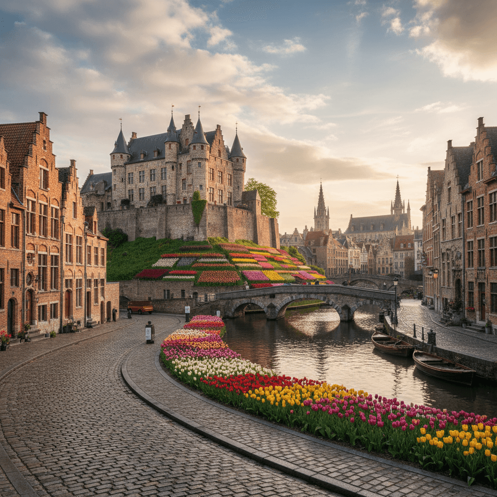 Belgium travel destination feature image showing medieval castles, cobblestone streets, tulip gardens, canals, and iconic Belgian architecture, ideal for tourism and visa information.