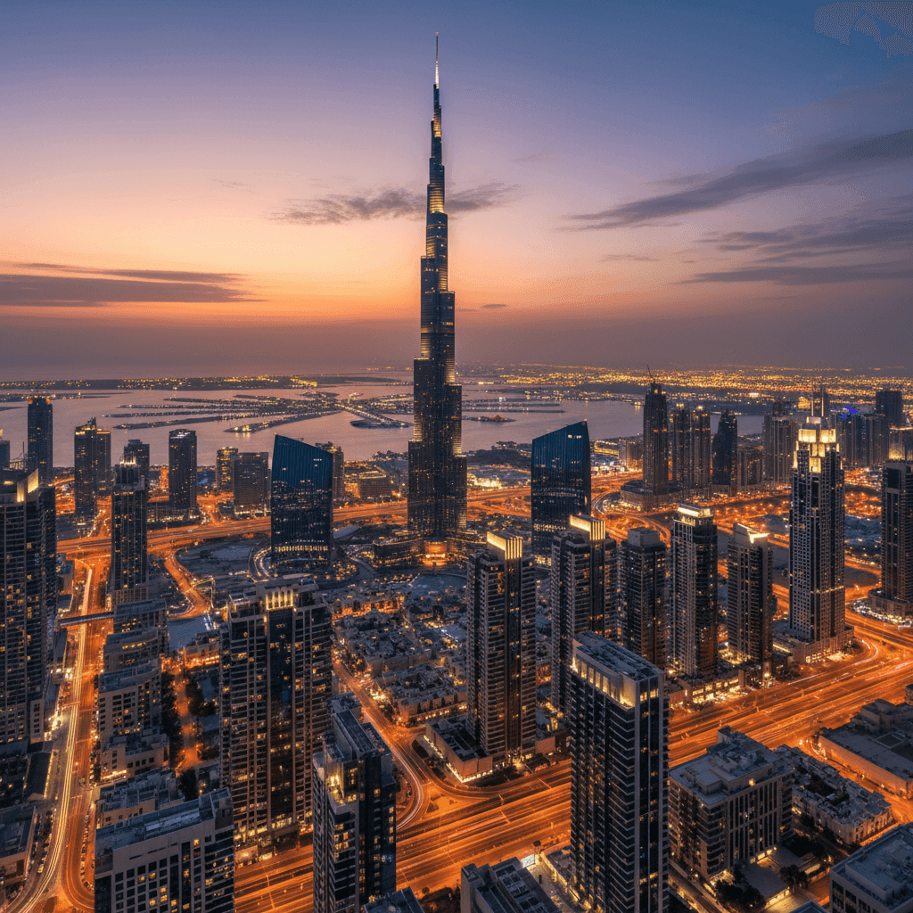 Dubai skyline at sunset featuring Burj Khalifa, Downtown Dubai city lights, and Arabian Gulf – perfect for UAE visa and Dubai tourism.