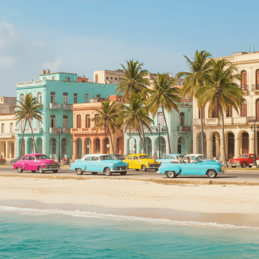 Cuba travel destination featuring Havana's colorful colonial architecture, classic vintage cars, pristine Caribbean beaches, vibrant culture – perfect for Cuba visa services, tourism and travel inspiration