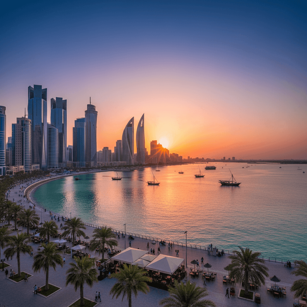 Bahrain Manama skyline at sunset with modern skyscrapers and bay water – perfect for Bahrain visa services, travel, and tourism.