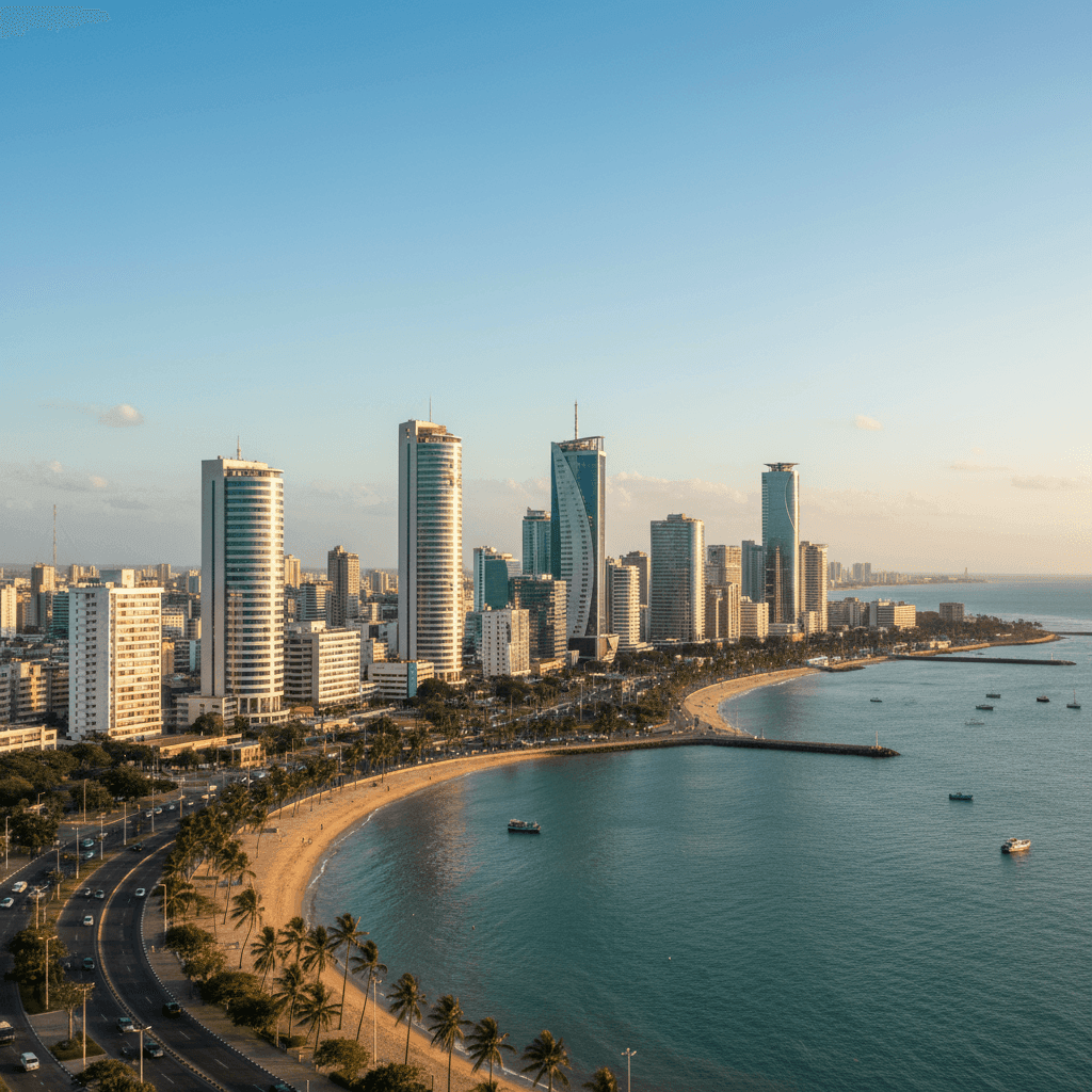Luanda city skyline with modern buildings, Atlantic coastline, and palm trees – ideal for Angola visa services, travel, and tourism.
