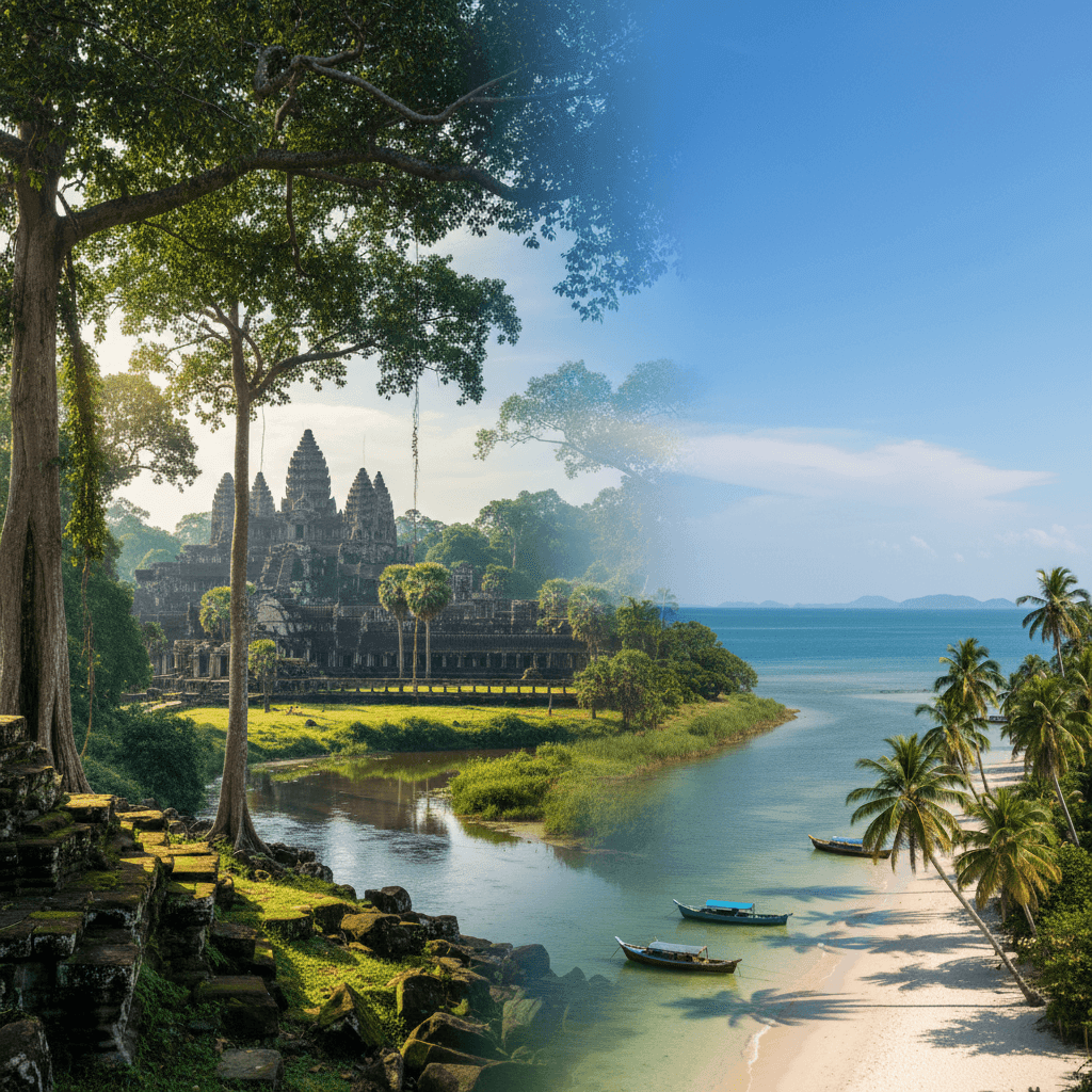 Cambodia travel destination feature image showing ancient Angkor-style temples, dense green jungle, and exotic tropical beaches—ideal visual for Cambodia tourism, culture, and adventure travel inspiration.