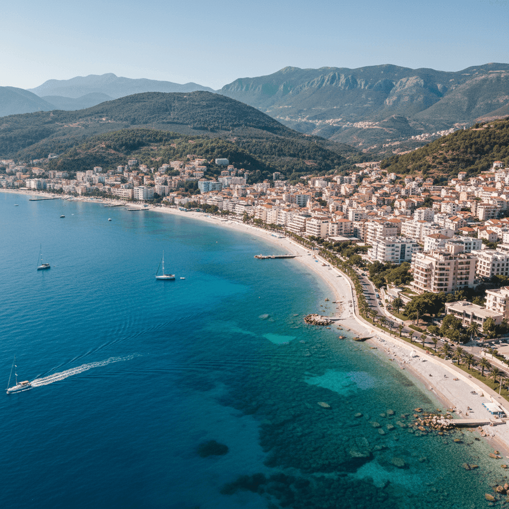 Albania coastline aerial view featuring Saranda city buildings and clear turquoise sea, perfect for Albania visa services, tourism, and travel inspiration.
