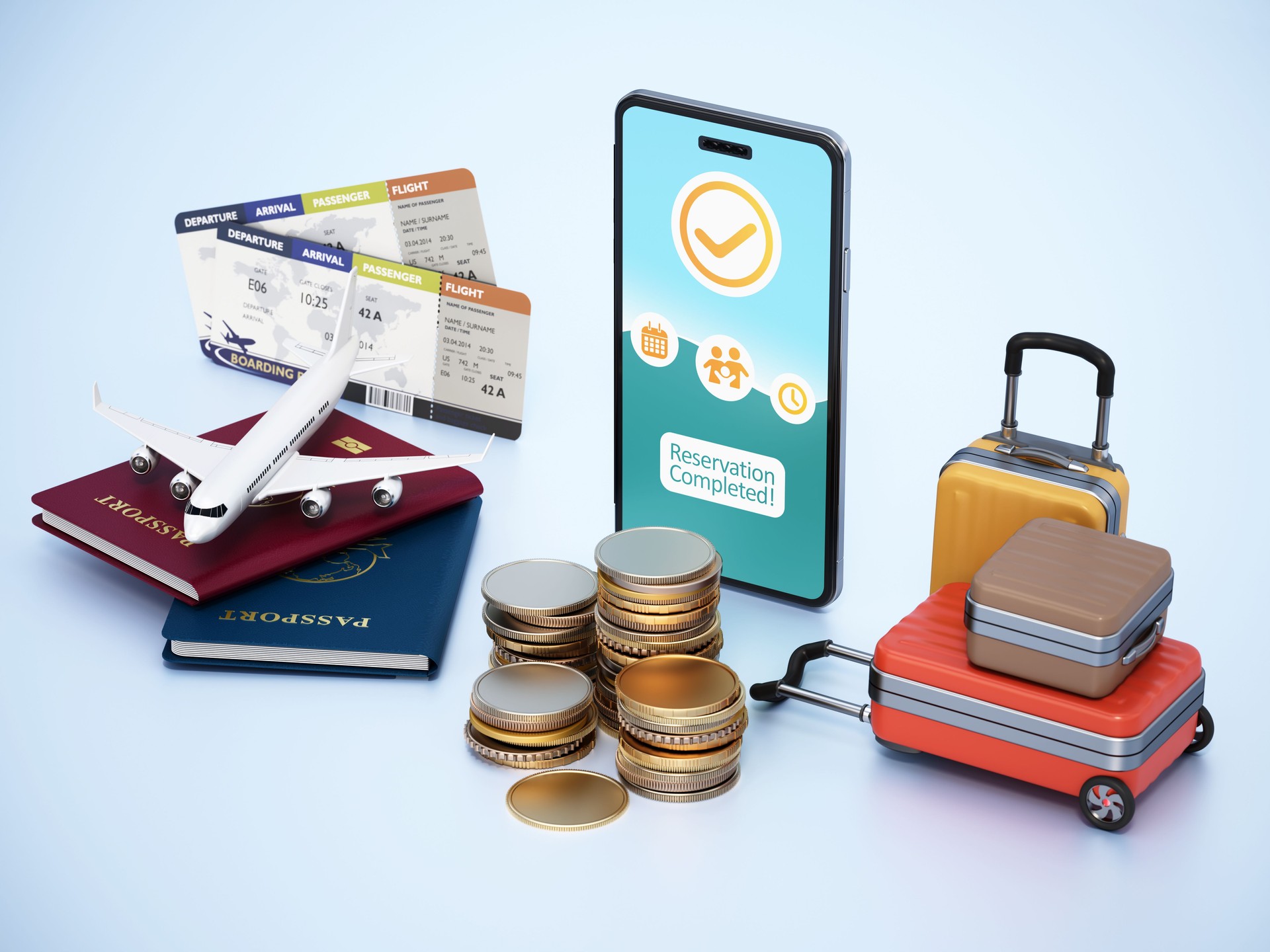 Gold coins emerge with undergoing travel preparations using a smartphone, luggage and passports on a light background. Travel planning concept