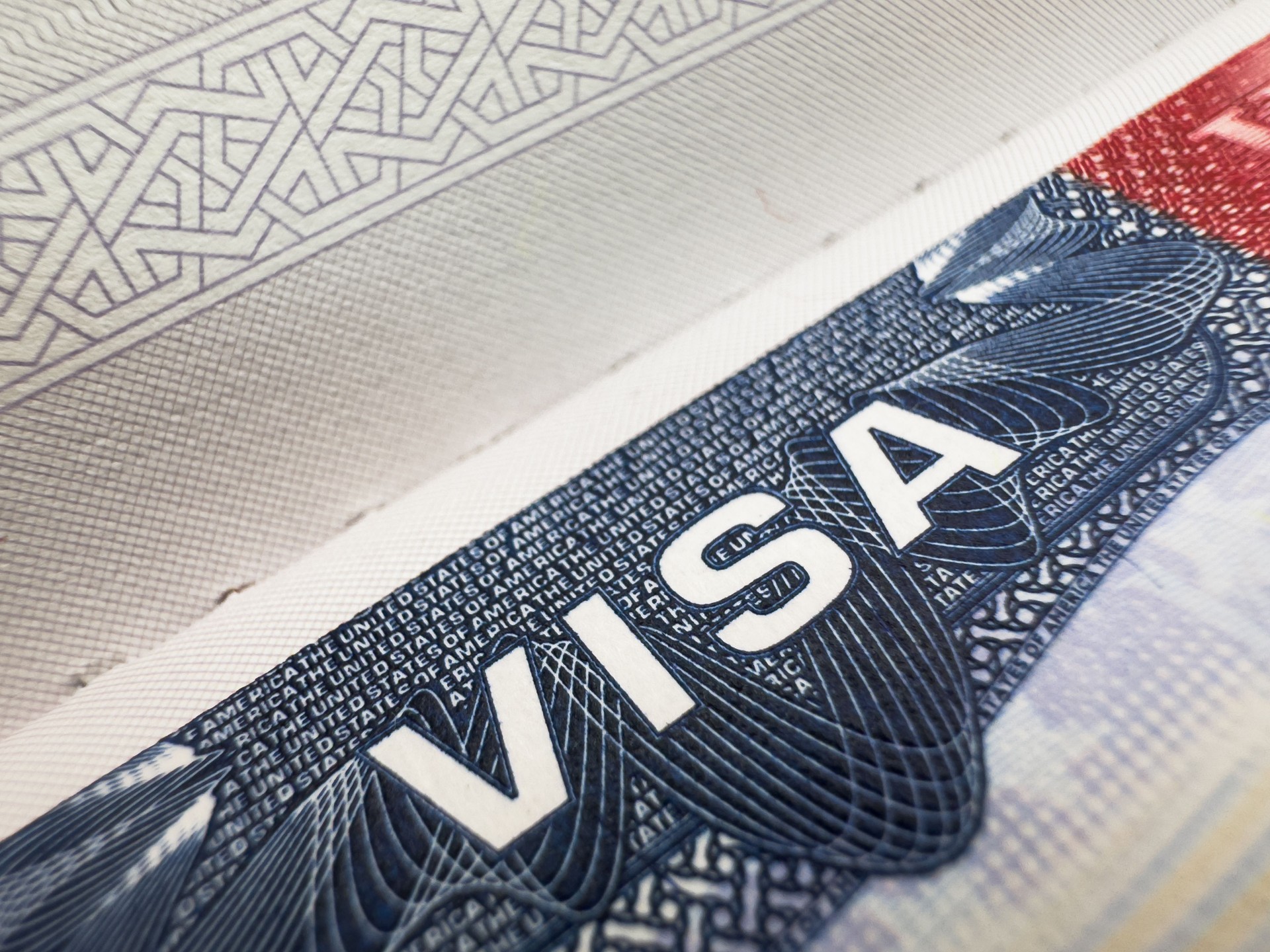 Visa in passport for world travel, US visa, tour, airport, customs, news, closed borders, nationality. Macro photo