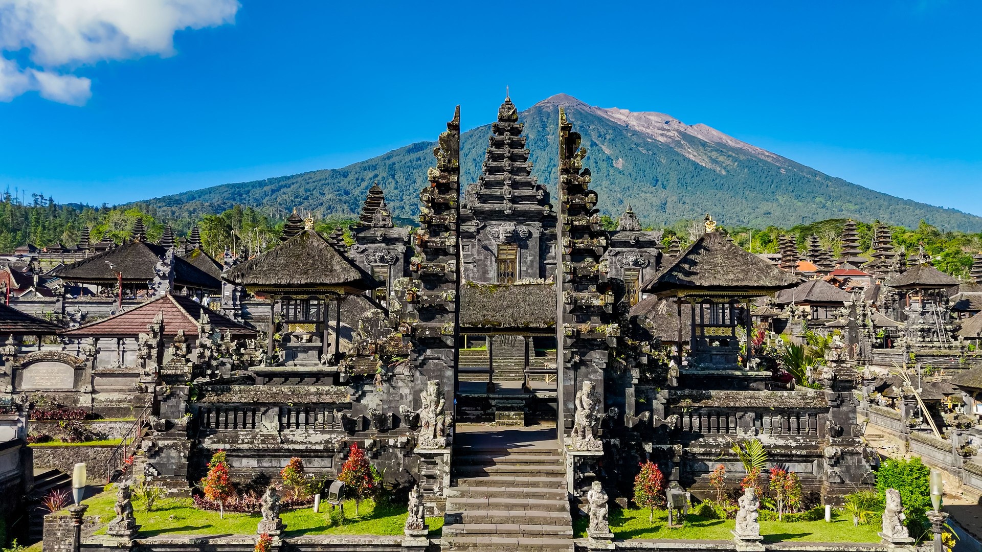 Aerial View of Pura Besakih Temple in Bali Indonesia, The most important largest and holiest temple of Balinese Hinduism, Roofs of Besakih Temple in Bali Indonesia, The most popular tourist place in Bali
