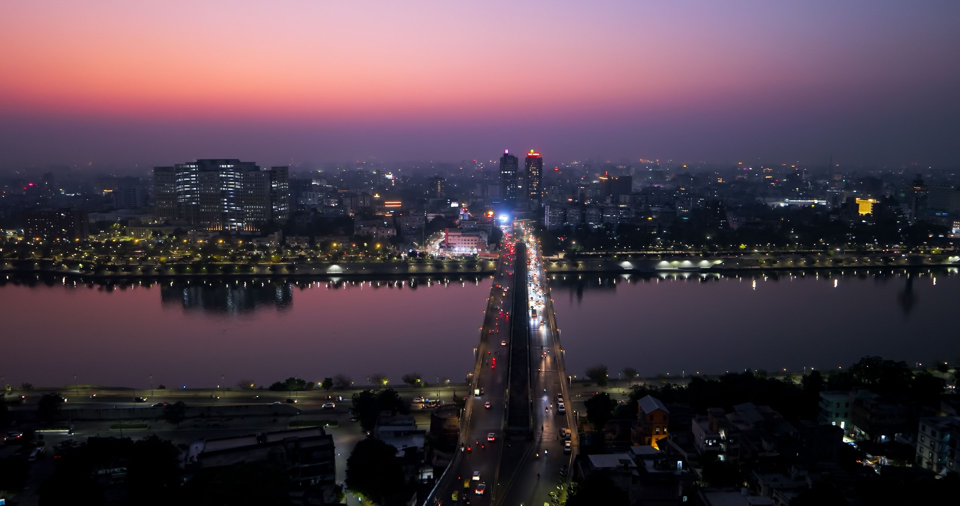 Aerial View of Ellis Bridge and Sabarmati River in Ahmedabad at Twilight