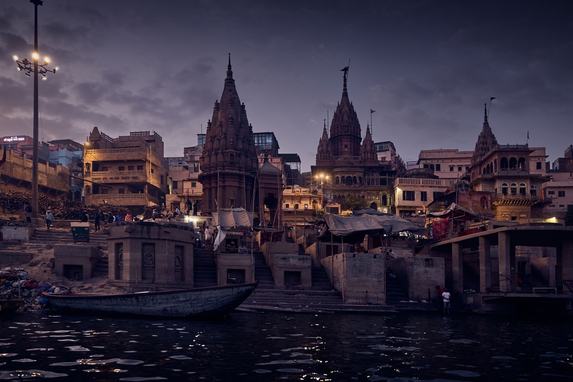 Panorama of Varanasi ghat at Ganges river at night, India