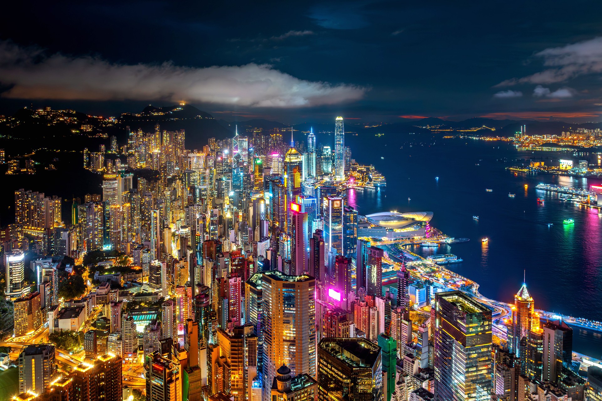 Aerial shots of Hong Kong city at night.